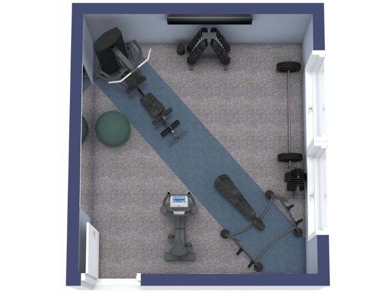 Top-down 3D visualization of a small home gym featuring cardio equipment, a weight bench, free weights, barbell rack, exercise machine, and a stability ball arranged inside a rectangular room with windows and a door.