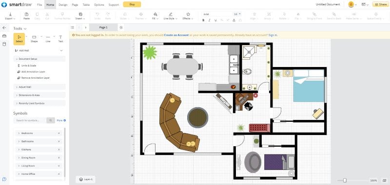 SmartDraw software displaying a 2D floor plan on a grid. The interface includes a top menu bar and left-side panel with floor plan symbols. Rooms are labeled, walls and openings are clearly marked, and the design area is centered on the screen with a clean, schematic layout.