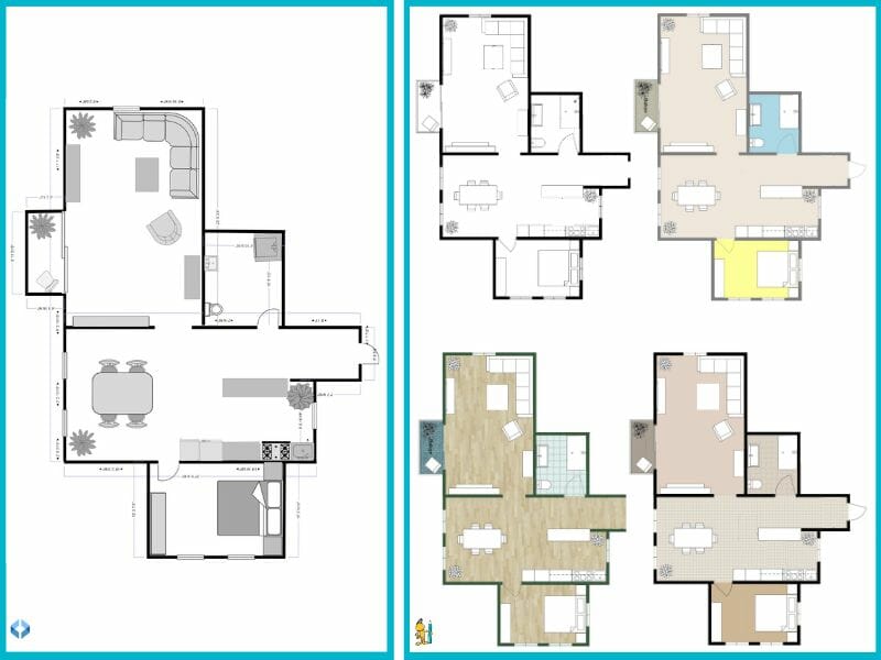 Comparison of floor plan outputs from SmartDraw and RoomSketcher. SmartDraw shows a single black-and-white plan with basic furniture symbols, while RoomSketcher displays multiple versions of the same layout in color, with different flooring and furnishing options.