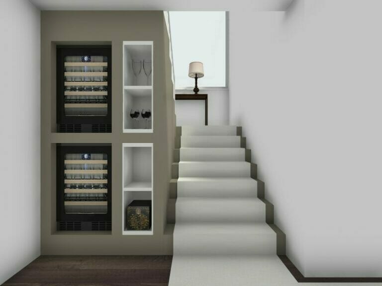 3D-rendered view of a modern staircase with built-in storage on the side wall. The storage unit includes two wine coolers and white open shelving displaying glasses, wine accessories, and a decorative item. At the top of the stairs, a table with a lamp is positioned in front of a large window, allowing natural light to fill the space.