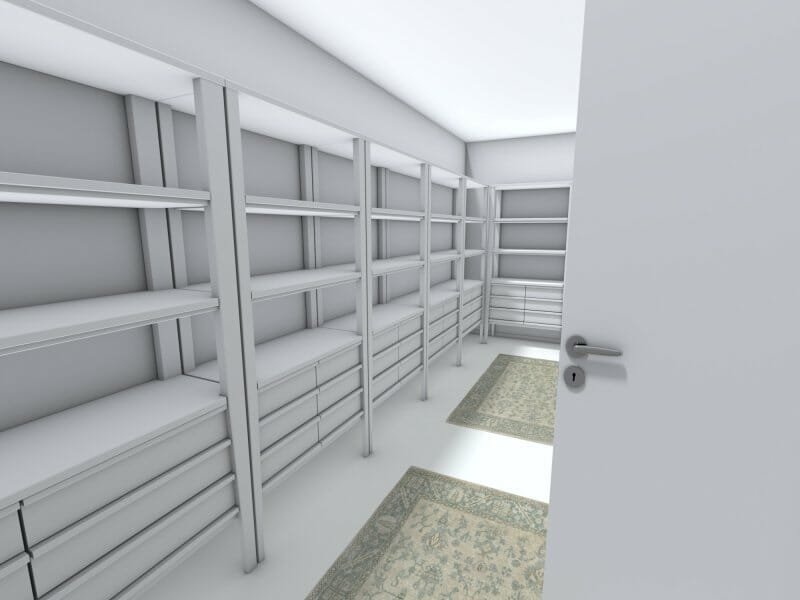3D Photo of a white storage room filled with shelves.