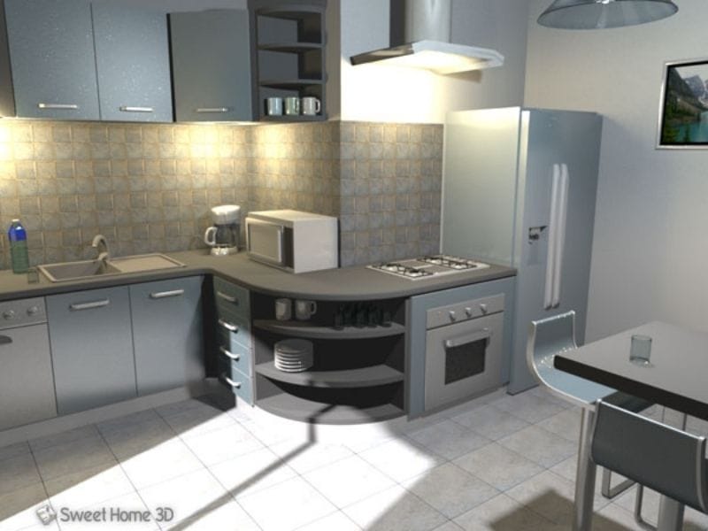 3D photo of a kitchen made with Sweet Home 3D. The kitchen is blue, with a counter that wraps around a corner leading up to the fridge. The floor is a grey tiling, and the walls are white with a blue and grey tile backsplash.
