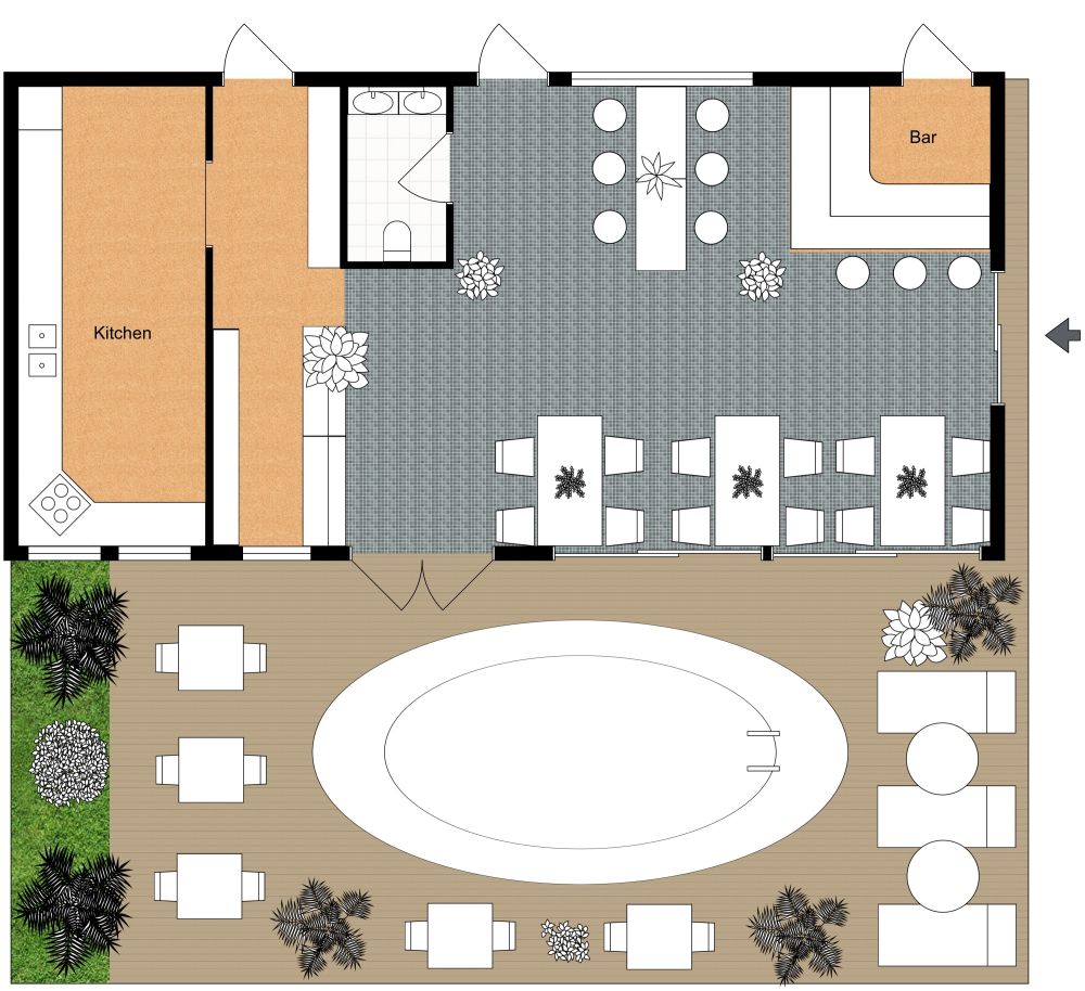 Thailand Inspired Restaurant 2D Floor Plan With Pool Area