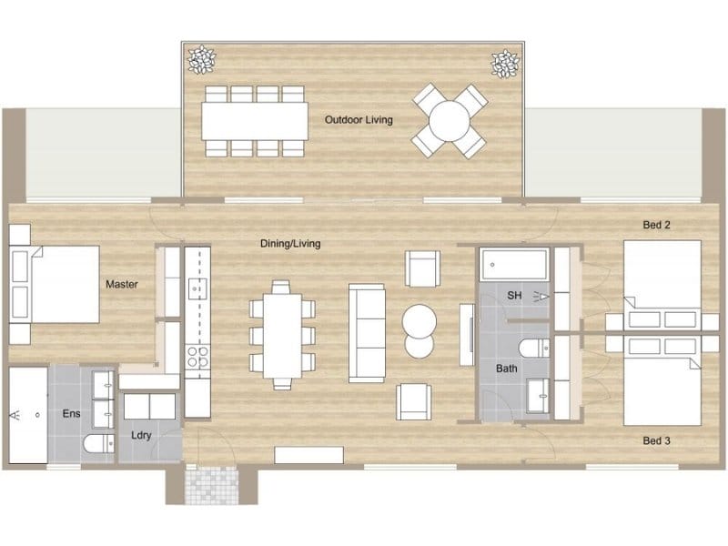 Top-down 2D floor plan of a single-level home showing three bedrooms, including a master with ensuite, an open-plan kitchen, dining and living area, main bathroom, laundry room, and an outdoor living space furnished with dining and seating areas.
