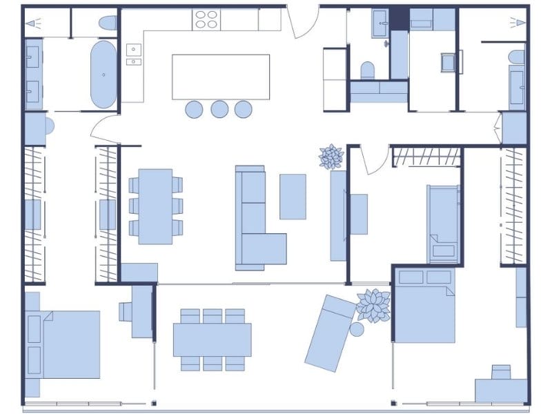 Colored 2D floor plan of a home showing an open kitchen with island seating, living and dining areas, several bedrooms, bathrooms, wardrobes, and furnished seating areas arranged in a modern layout.
