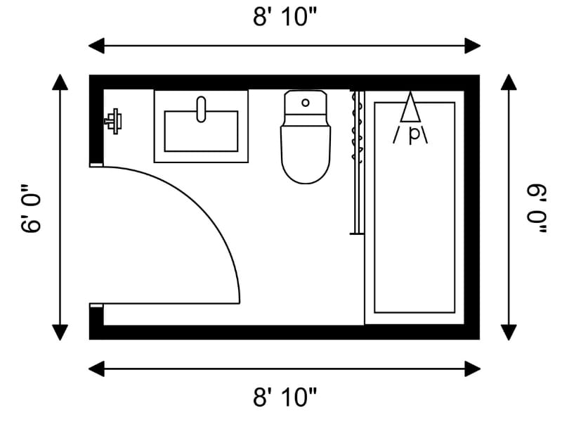 2D floor plan of a three-quarter bath measuring 8’10” by 6’0”, with a door opening inward to a layout that includes a sink, toilet, and bathtub with a shower curtain.