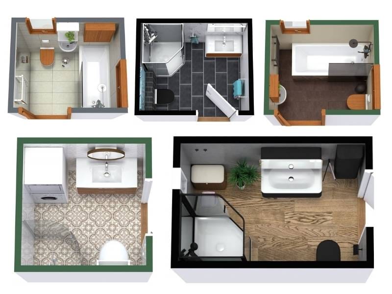 Collection of five small bathroom 3D floor plans, each with different layouts and finishes. Designs include compact spaces with bathtubs, showers, toilets, vanities, and storage, featuring a mix of tile, wood, and patterned flooring.