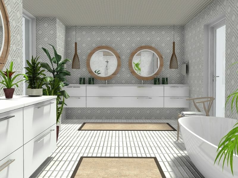 White bathroom with green plants rendered as a 3D Photo.