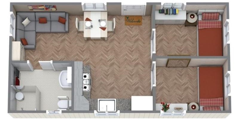 3D Floor Plan of a tiny house with two bedrooms. The floor plan features an open floor plan with dining, kitchen, and living room in the same room, two separate bedrooms, and one bathroom with toilet, sink, storage, and a shower. The floor plan is designed for seniors and elders.