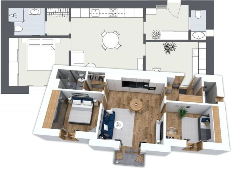 Two-bedroom apartment floor plan shown in both 2D and 3D. Layout includes an open kitchen and living area, two bedrooms, two bathrooms, and a small balcony.
