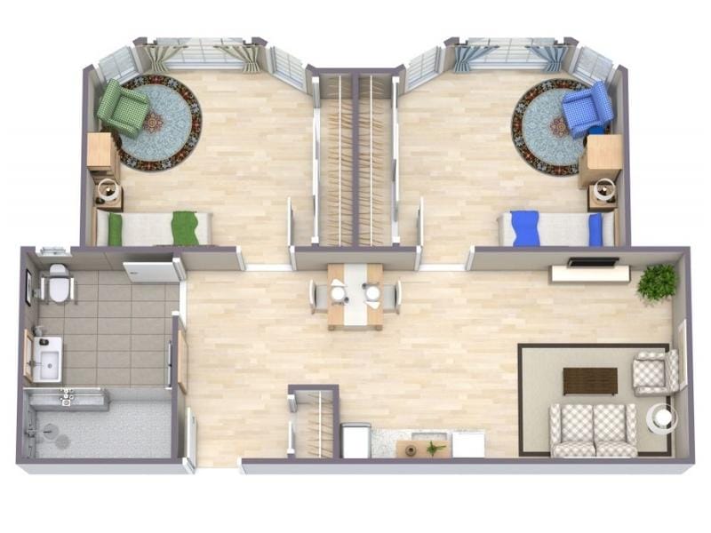 3D floor plan of a two-bedroom apartment with a shared central hallway, bathroom with bathtub, open dining area, separate living room, and two symmetrical bedrooms with bay windows.