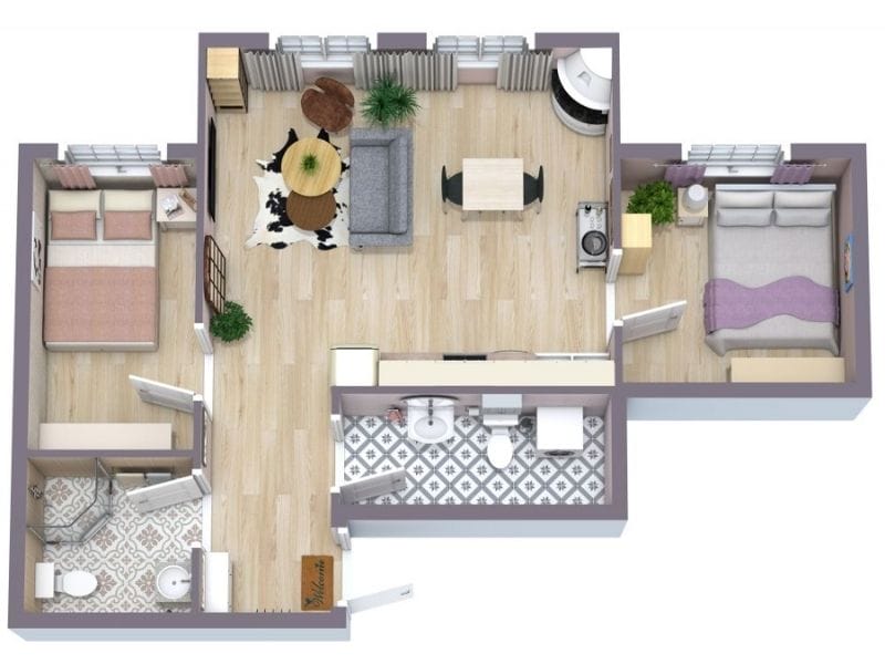3D floor plan of a two-bedroom condominium with a shared living room, kitchen, and two bathrooms.