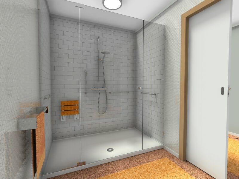 3D rendered view of an accessible walk-in shower designed for universal use. The shower features a fold-down seat, handheld showerhead, and multiple grab bars for safety. A sliding door provides wide, easy access, and the space uses non-slip flooring with a subtle color contrast to support visibility and safe movement.