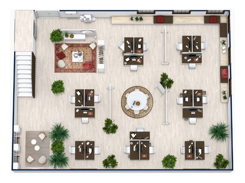 3D floor plan of a modern open office layout featuring multiple workstations, a central round meeting table, lounge area with rugs and armchairs, potted plants, and a coffee corner. The space is organized and inviting with natural light from large windows.