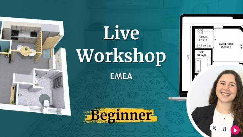 RoomSketcher Live Workshop for EMEA beginners promotional banner featuring a 3D floor plan rendering of a small apartment alongside a 2D floor plan with room dimensions, hosted by a smiling female presenter.