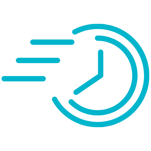 Teal icon of a clock with motion lines to the left, symbolizing speed or quick turnaround time.