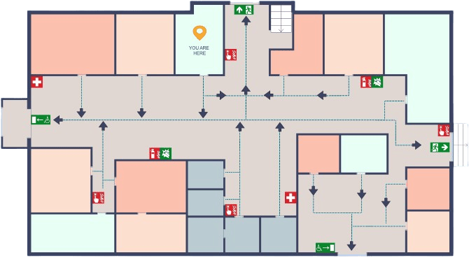 2D Building Evacuation Plan Map with arrows and evacuation, fire, and first aid symbols.