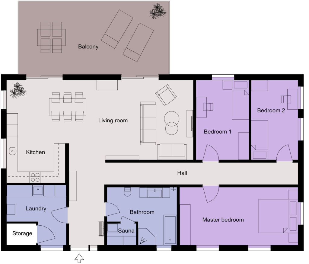 2D furnished floor plan showing a home with believes living room, kitchen, balcony, three bedrooms, bathroom with sauna, and laundry room.