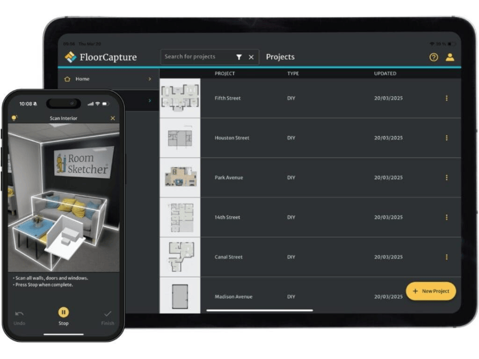 A smartphone and tablet display a floor plan design app in action. On the phone, a room is being scanned using augmented reality, with digital outlines tracing the walls, furniture, and other features to capture accurate measurements. The tablet shows the app’s project dashboard, labeled “FloorCapture,” where multiple floor plans are organized with thumbnail previews, project names, last updated dates, and a prominent button to create a new project, making it easy to manage and launch floor planning tasks.