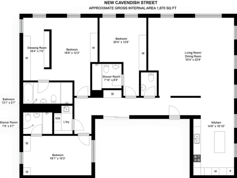 Black-and-white 2D floor plan from Matterport showing a three-bedroom layout labeled "New Cavendish Street" with an approximate internal area of 1,870 sq ft. The plan includes a large living/dining room, separate kitchen, two shower rooms, one bathroom, a laundry room, and a dressing room. Room dimensions and built-in wardrobes (W) are clearly marked.